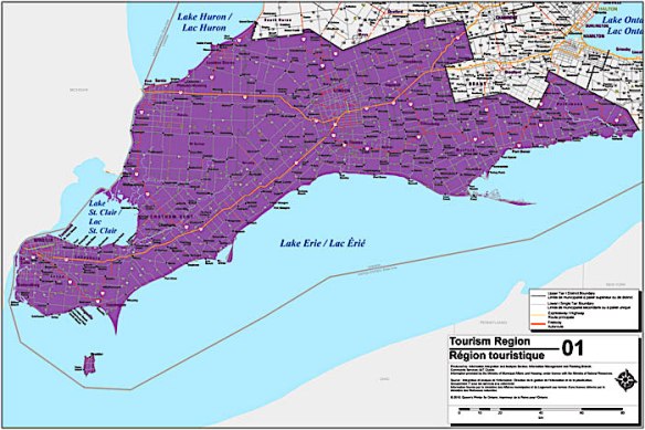 map of region 1 southwestern Ontario tourist area