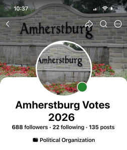 Screenshot taken prior to September 28 showing 'Amherstburg Votes 2026' officially categorized as a Political Organization by Facebook.