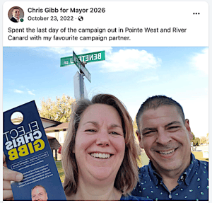 A photo of Chris and Sarah Gibb during Amherstburg municipal campaign 2022 with an Elect Chris Gibb door hanger.