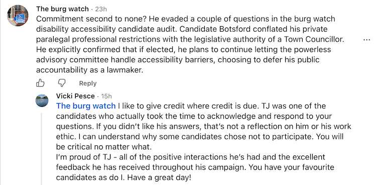 Copy of exchange between the burg watch and TJ Botsford's wife on his campaign Facebook page.